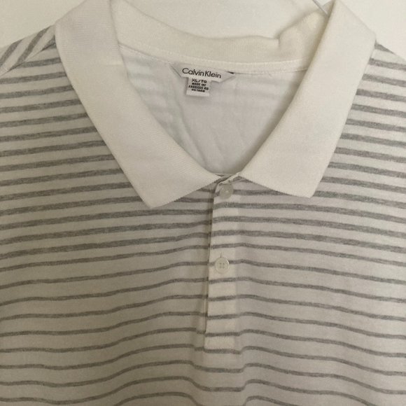 Calvin Klein Men's White and Grey Striped Short Sleeve Polo Shirt - Size XL - Picture 2 of 4
